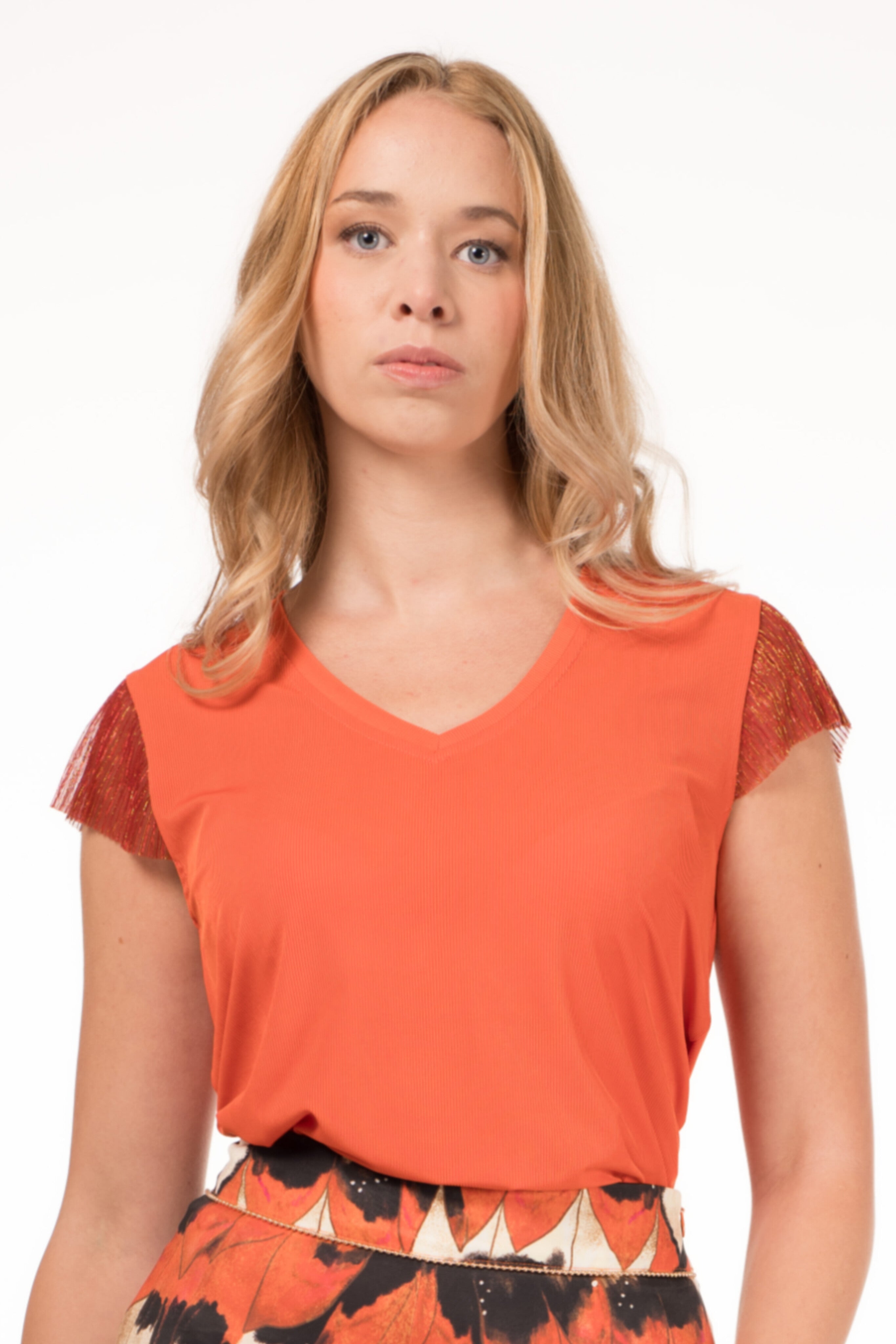 Camiseta Escote en V con Mangas de Plisado Lurex