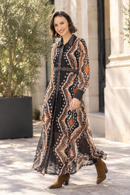 Vestido Largo de Tul Elástico con Estampado Étnico
