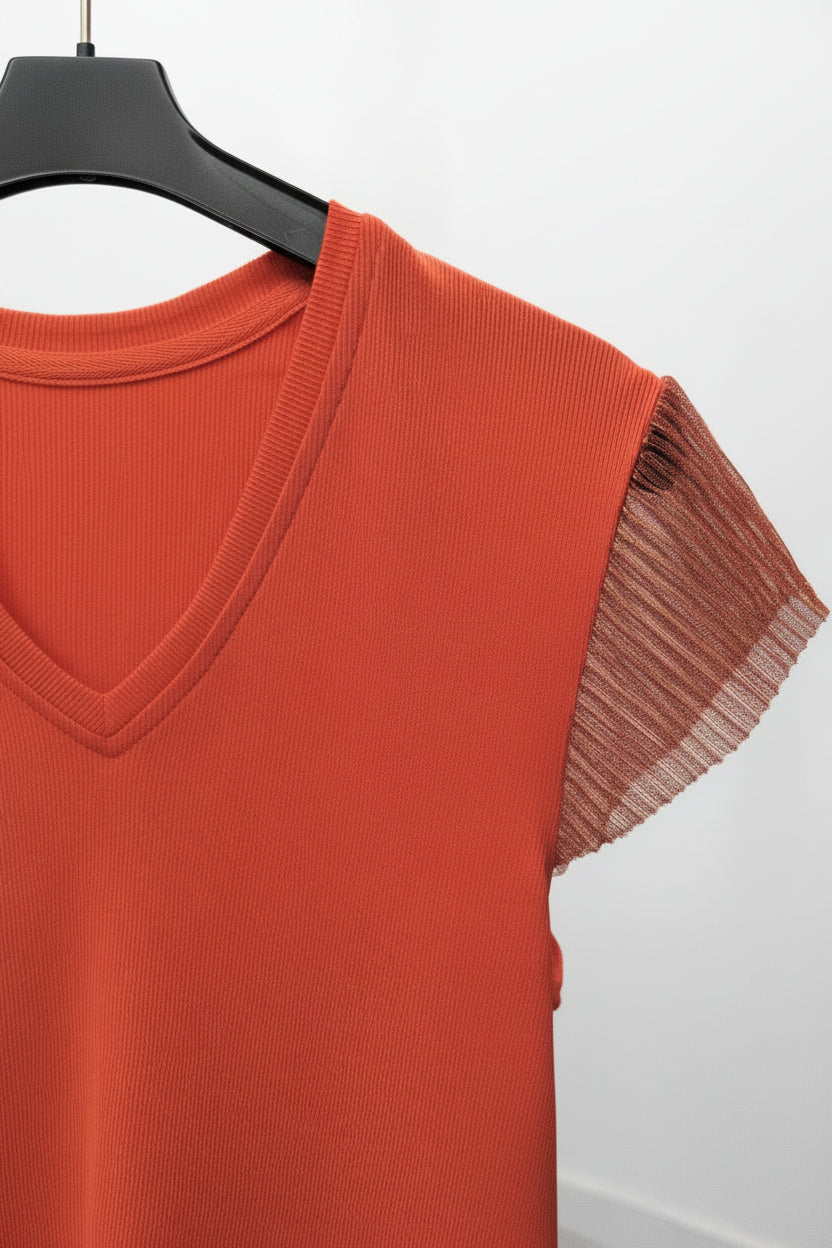 Camiseta Escote en V con Mangas de Plisado Lurex
