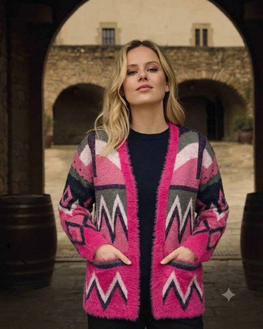Cárdigan Geométrico Fucsia & Tonos Fríos