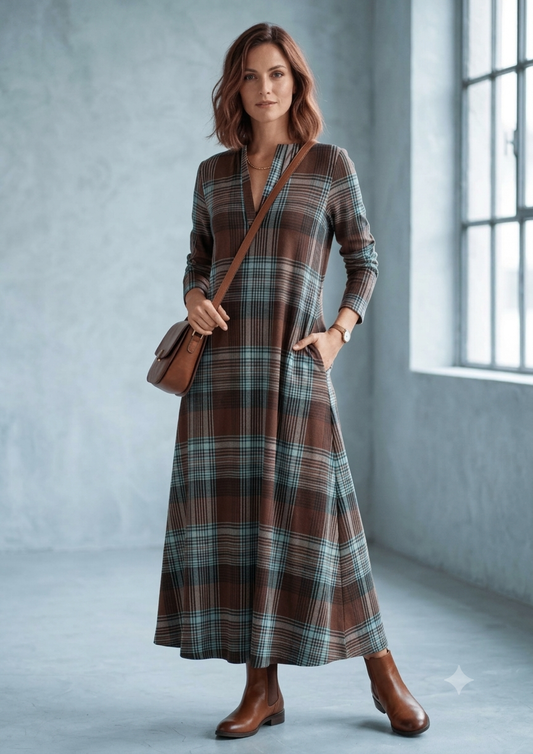 Vestido Largo Camisero a Cuadros Tono Marrón y Azul