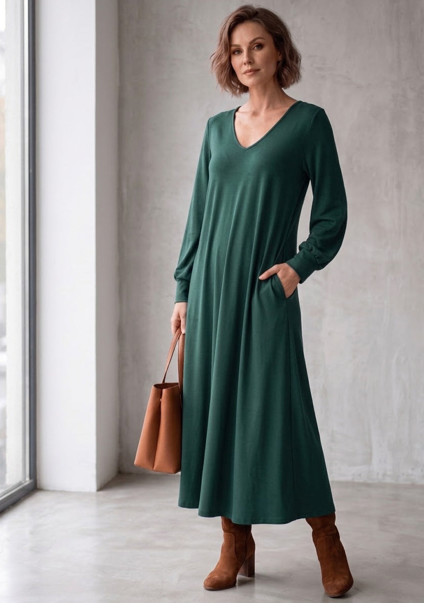 Vestido midi Escote V con Bolsillo