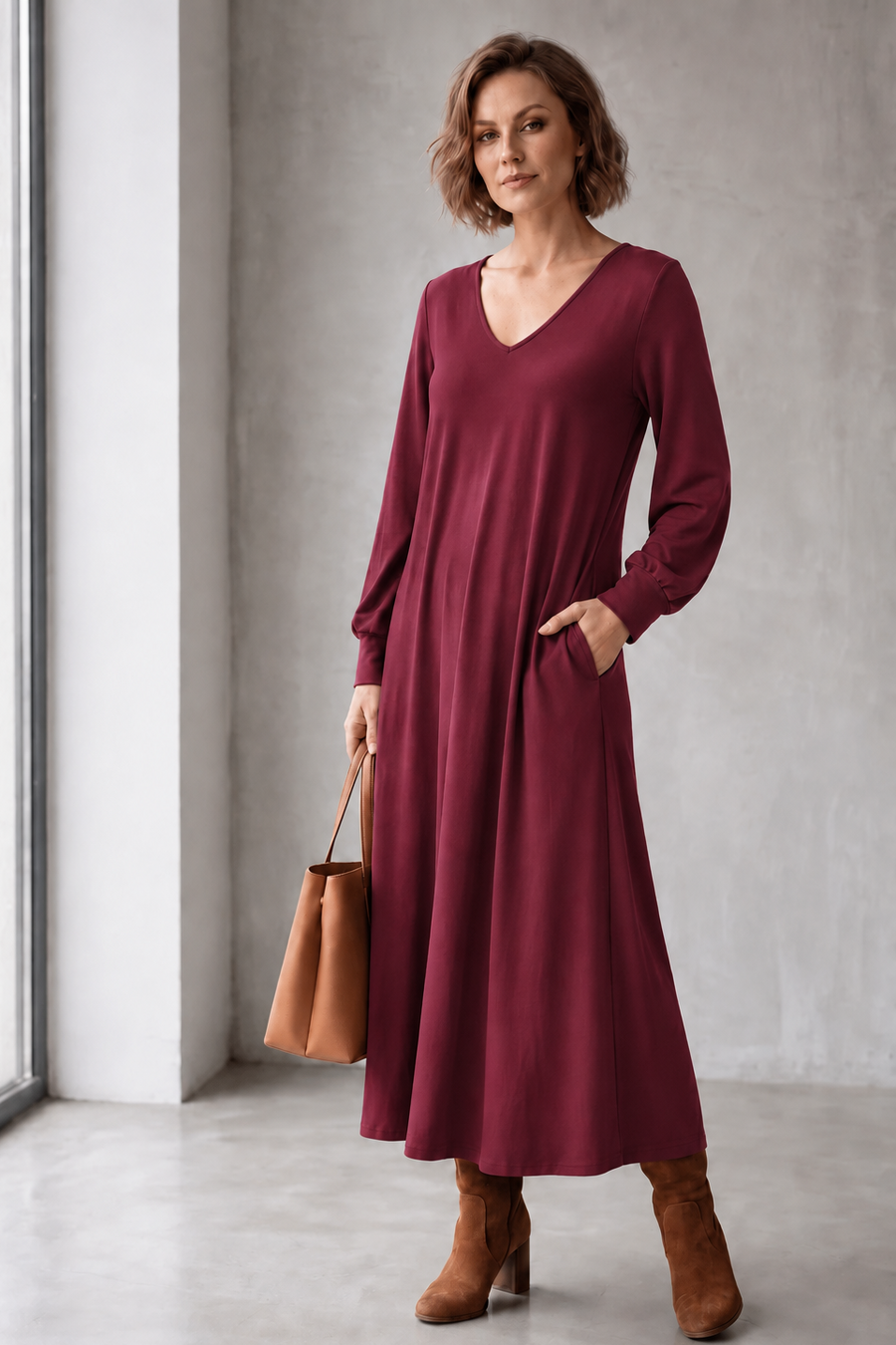 Vestido midi Escote V con Bolsillo