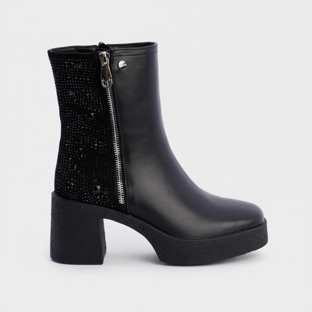 Botín de Tacón de Plataforma Negra con Cremallera y Pedrería Amichi
