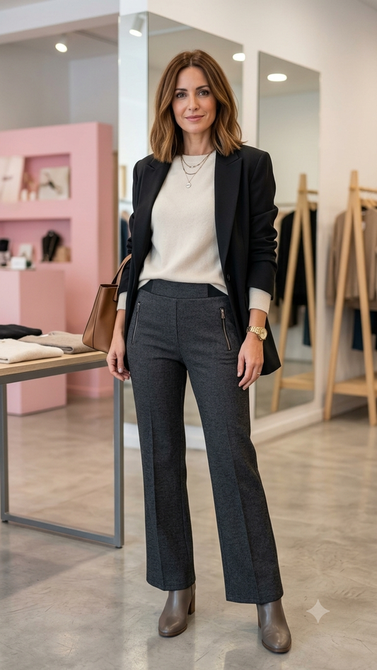 Pantalón Recto Elástico con Cremalleras Decorativas