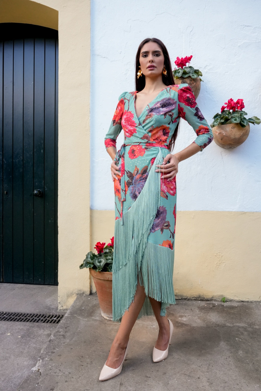 Vestido Midi Estampado con Flecos para bodas y eventos