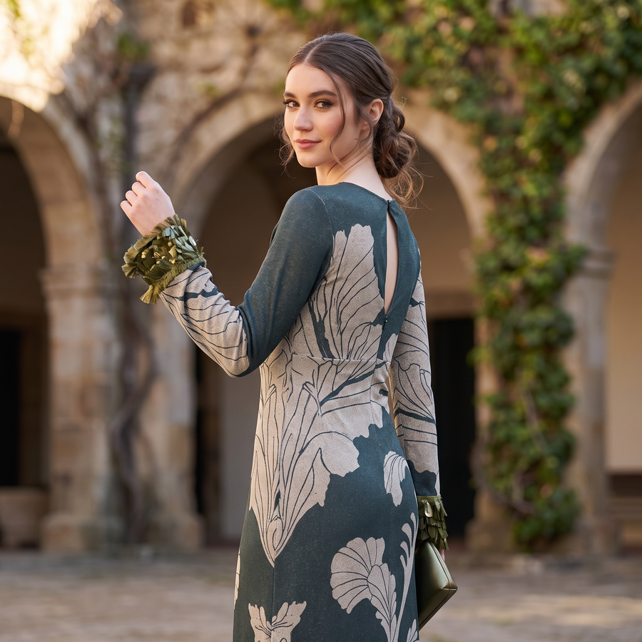 Vestido Largo Verde con Estampado Botánico y Lentejuelas