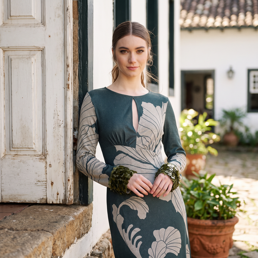 Vestido Largo Verde con Estampado Botánico y Lentejuelas